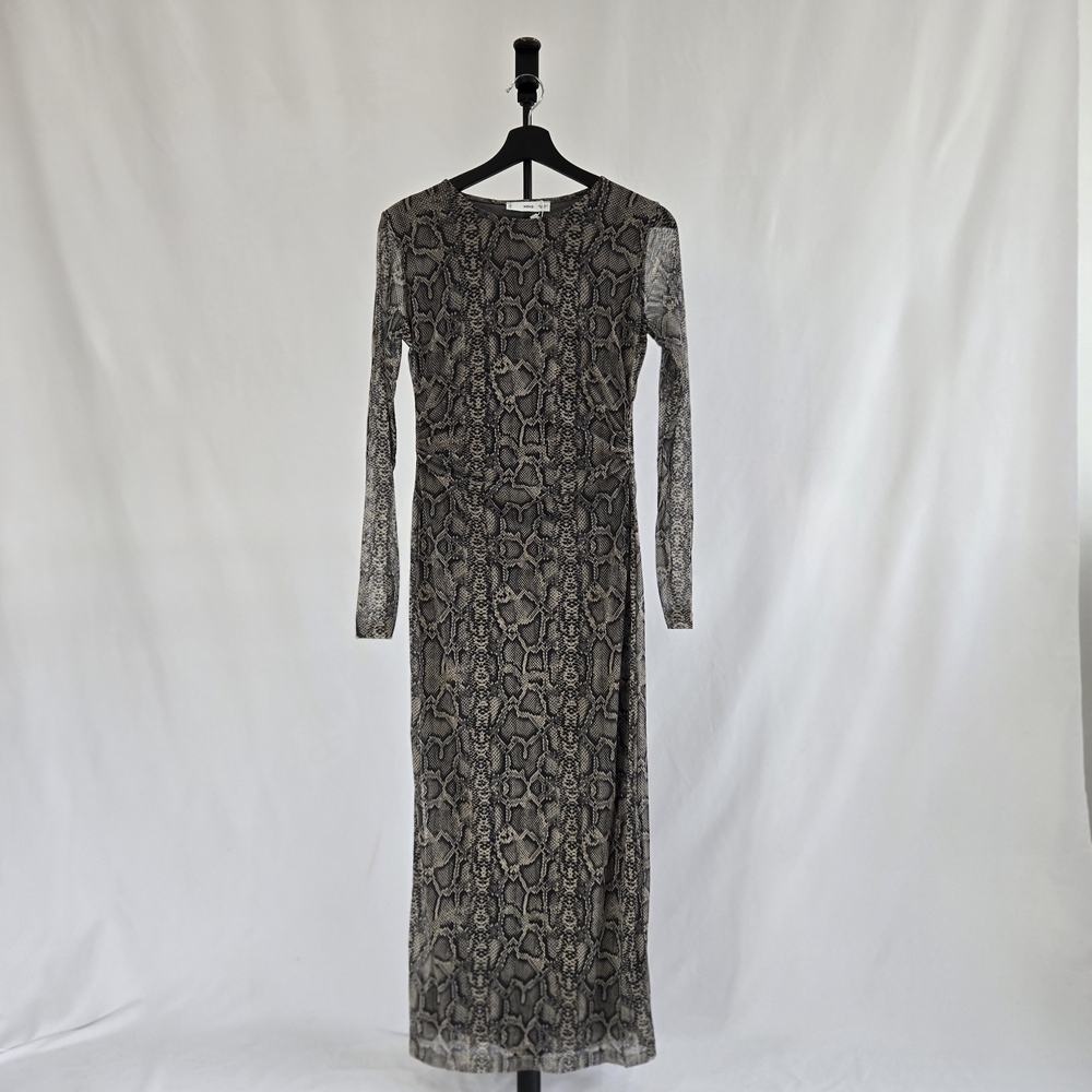 Mango Snakeskin Bodycon Long Sleeve Dress Black Gray Semi Sheer Size US 4